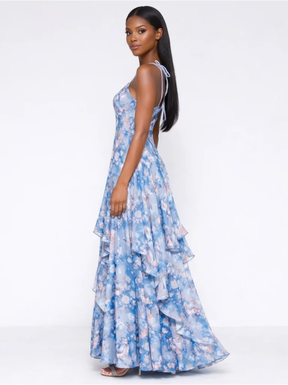 Sky Blue Floral Tiered Maxi Dress with Spaghetti Straps - Picture 3 of 5